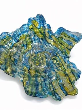 Large Iridescent Handcrafted Blue and Green Decorative Glass Art Bowl